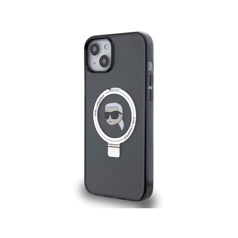 Husa iPhone 15 Karl Lagerfeld Hardcase Ring Stand MagSafe, Karl Head, negru, KLHMP15SHMRSKHK