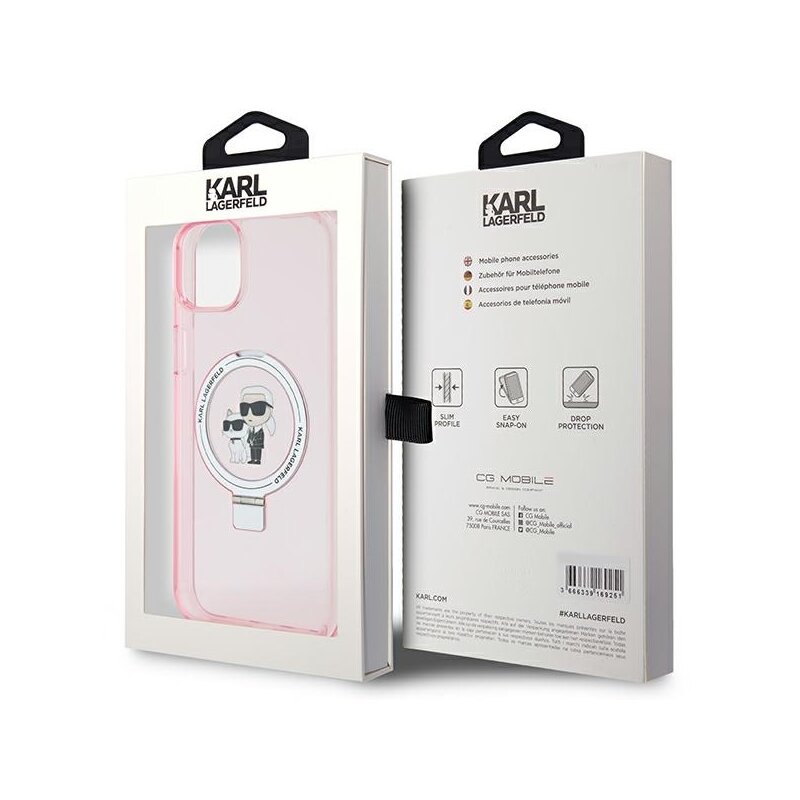 Husa iPhone 15 Karl Lagerfeld Hardcase Ring Stand MagSafe, Karl&Choupette, roz, KLHMP15SHMRSKCP
