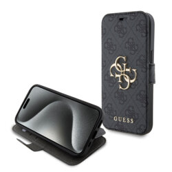 Husa tip carte iPhone 15 Guess Book 4G, gri, GUBKP15S4GMGGR
