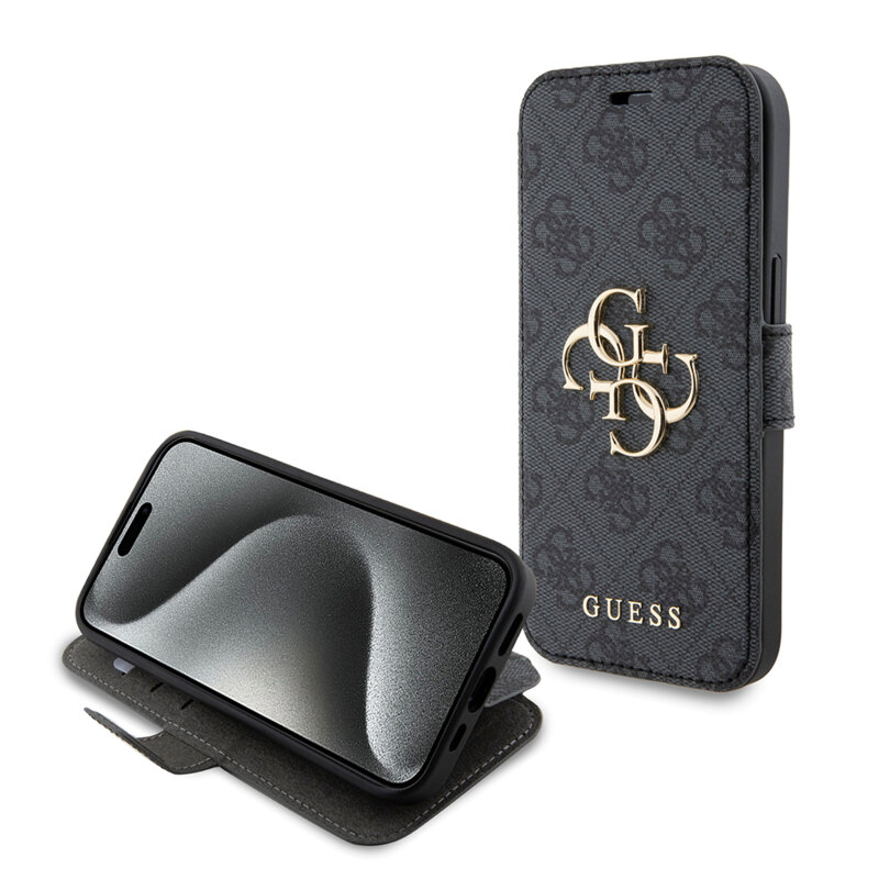 Husa tip carte iPhone 15 Guess Book 4G, gri, GUBKP15S4GMGGR