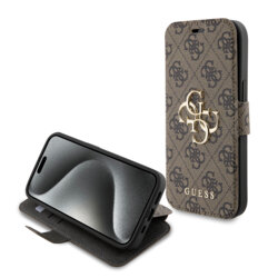 Husa tip carte iPhone 15 Guess Book 4G, maro, GUBKP15S4GMGBR