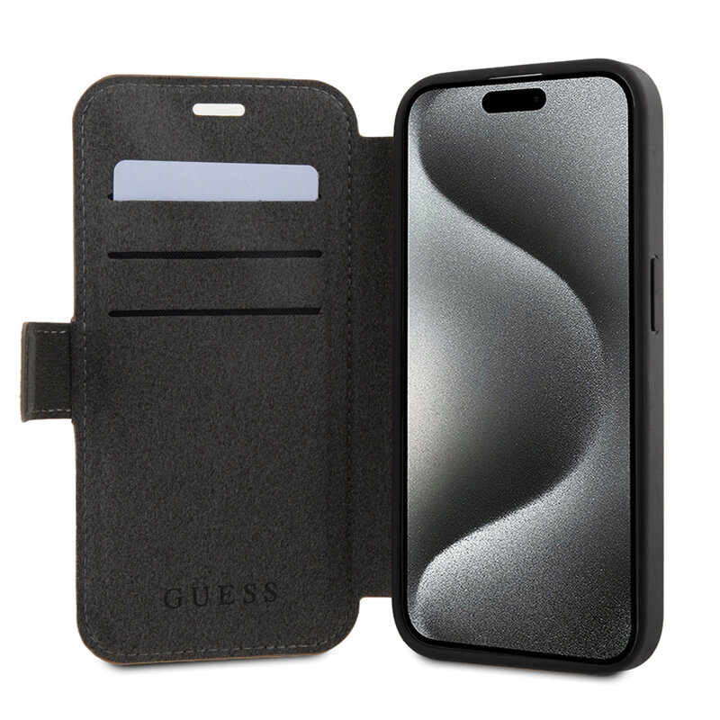 Husa tip carte iPhone 15 Guess Book 4G, maro, GUBKP15S4GMGBR