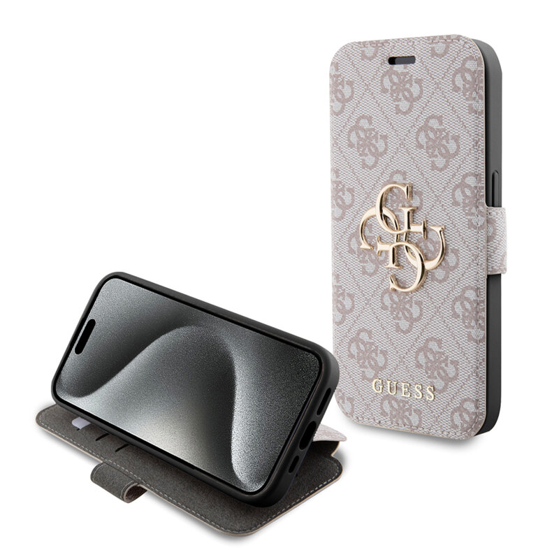 Husa tip carte iPhone 15 Pro Max Guess Book 4G, roz, GUBKP15X4GMGPI