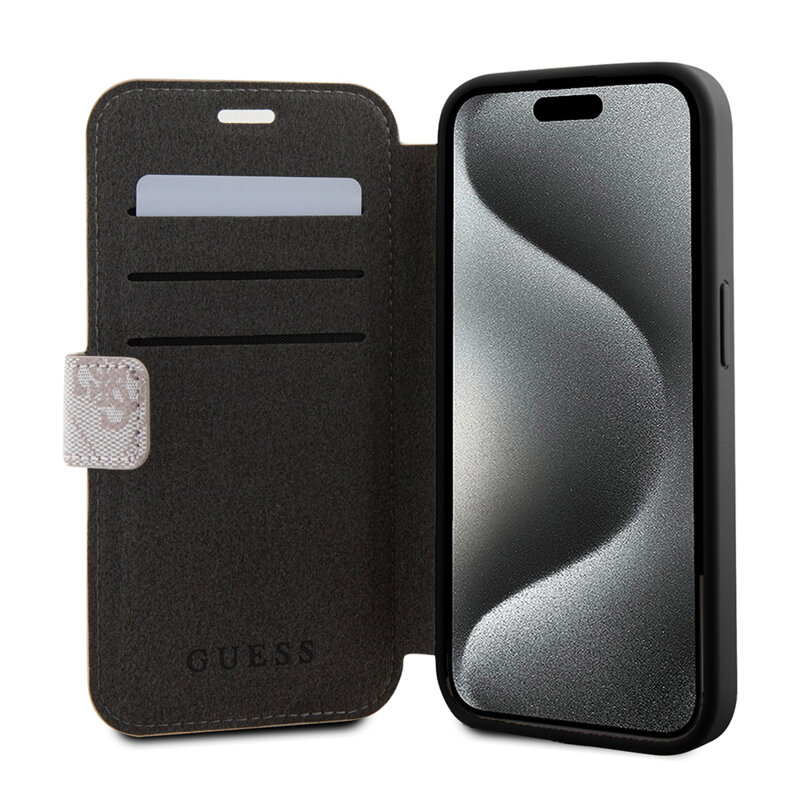 Husa tip carte iPhone 15 Pro Max Guess Book 4G, roz, GUBKP15X4GMGPI
