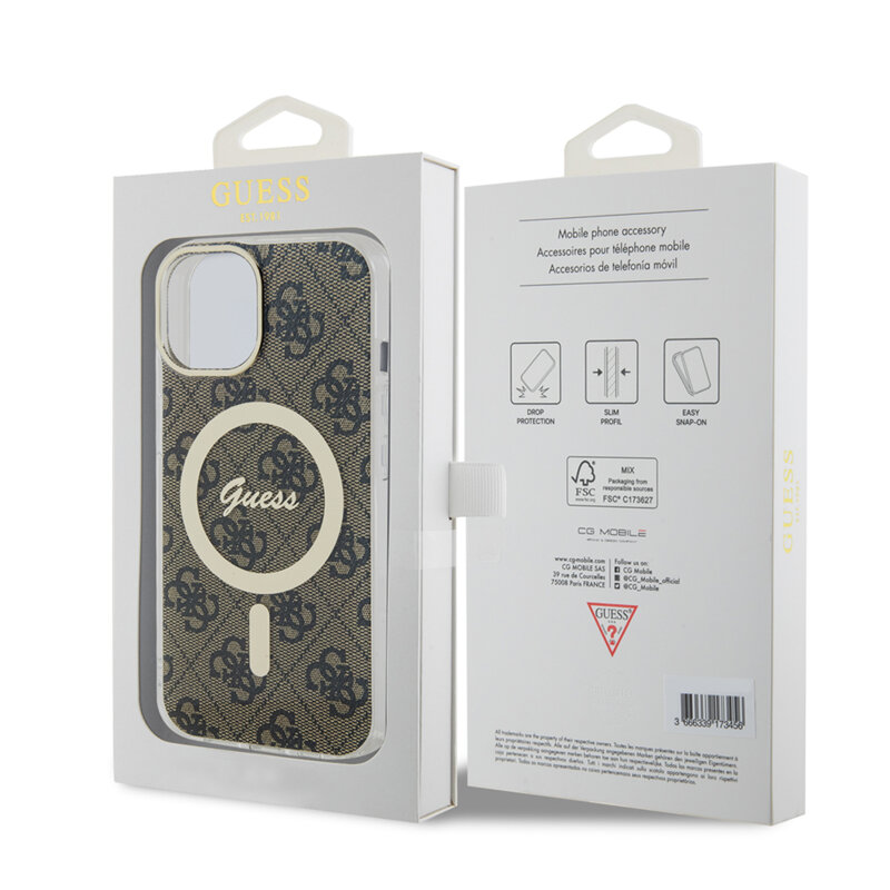 Husa iPhone 15 originala Guess IML 4G MagSafe, maro, GUHMP15SH4STW