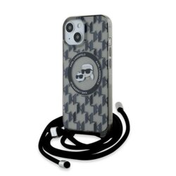 Husa iPhone 15 Karl Lagerfeld IML Crossbody MagSafe, Monogram Karl&Choupette Head, negru, KLHMP15SHCKCKLCK