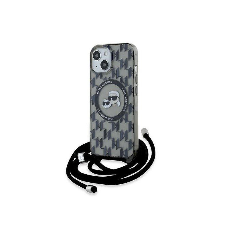 Husa iPhone 15 Karl Lagerfeld IML Crossbody MagSafe, Monogram Karl&Choupette Head, negru, KLHMP15SHCKCKLCK