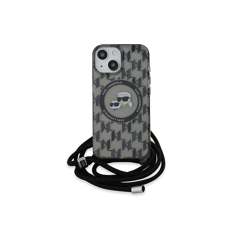 Husa iPhone 15 Karl Lagerfeld IML Crossbody MagSafe, Monogram Karl&Choupette Head, negru, KLHMP15SHCKCKLCK