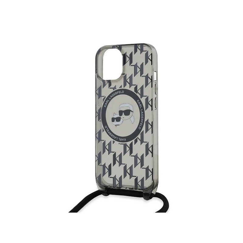 Husa iPhone 15 Karl Lagerfeld IML Crossbody MagSafe, Monogram Karl&Choupette Head, negru, KLHMP15SHCKCKLCK