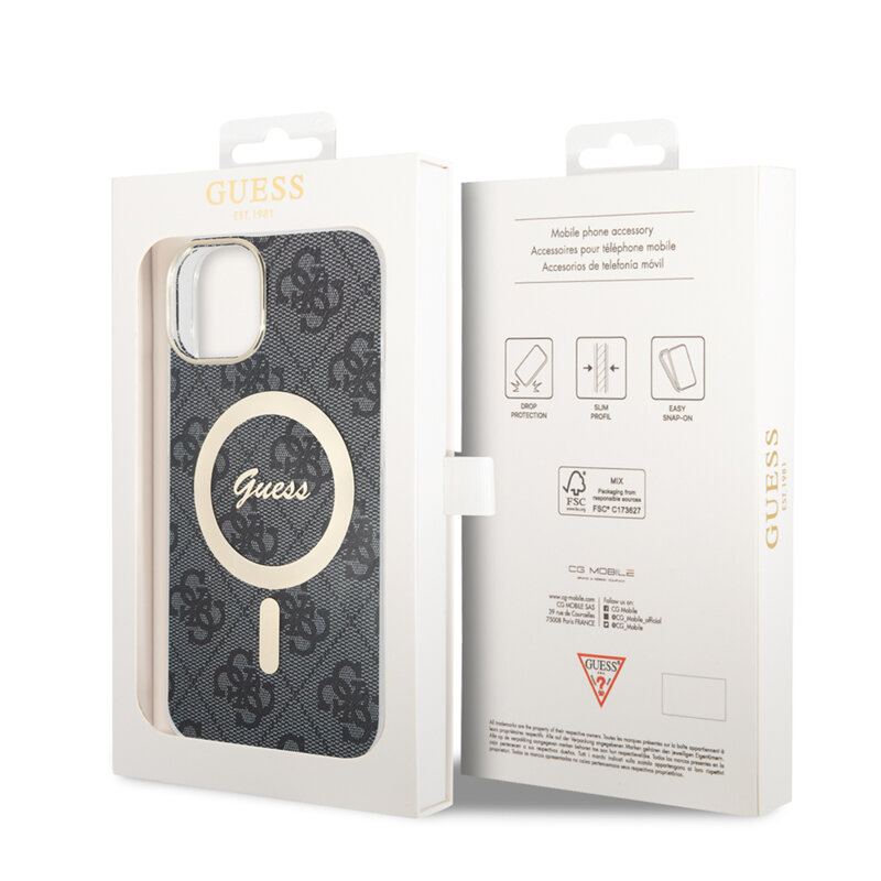 Husa iPhone 15 originala Guess IML 4G MagSafe, negru, GUHMP15SH4STK