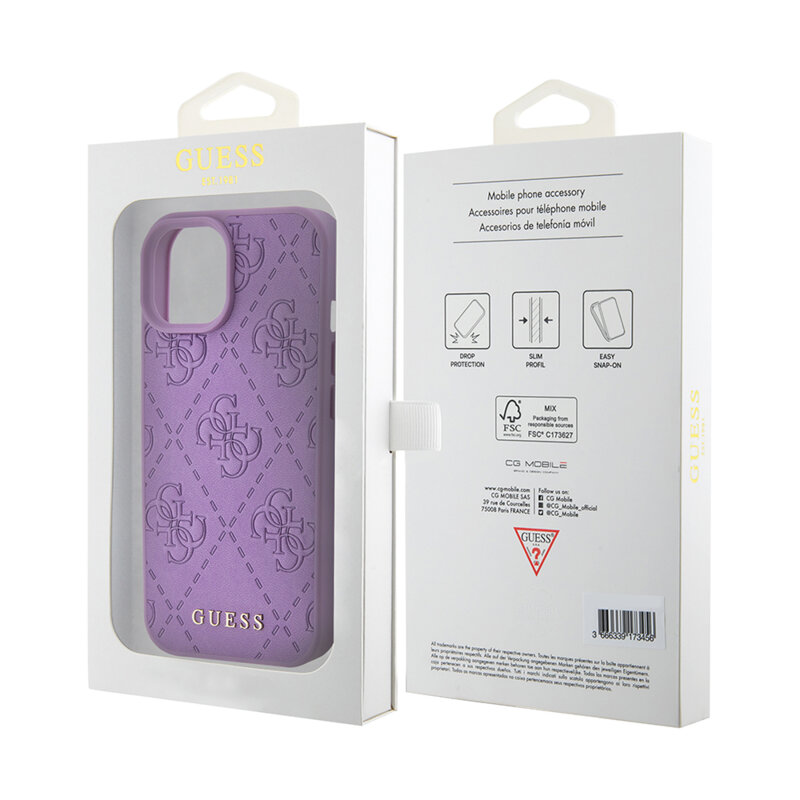 Husa iPhone 15 Guess Leather 4G Stamped, mov, GUHCP15SP4EPMU