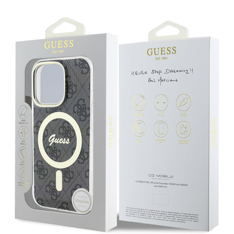 Husa iPhone 16 Pro originala Guess IML 4G MagSafe, negru, GUHMP16LH4STK