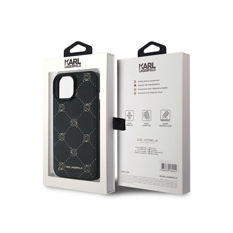 Husa iPhone 15 Plus Karl Lagerfeld Leather MagSafe, Karl Head, negru, KLHMP15MPGKHPHK