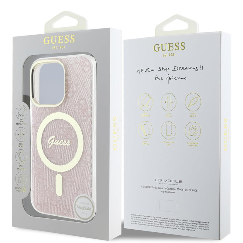 Husa iPhone 16 Pro originala Guess IML 4G MagSafe, roz, GUHMP16LH4STP