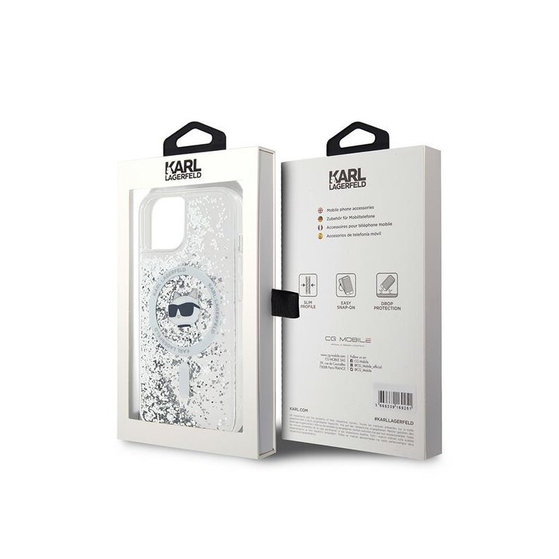 Husa Karl Lagerfeld iPhone 15 Plus Liquid Glitter MagSafe, Choupette Head, clear, KLHMP15MLGCHSGH