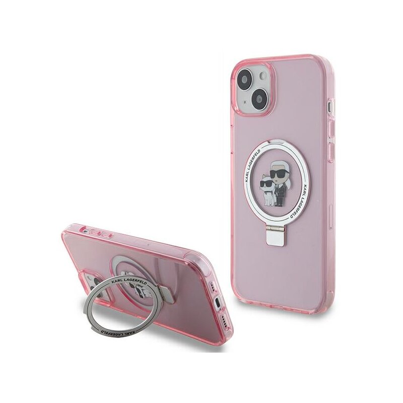 Husa iPhone 15 Plus Karl Lagerfeld Hardcase Ring Stand MagSafe, Karl&Choupette, roz, KLHMP15MHMRSKCP