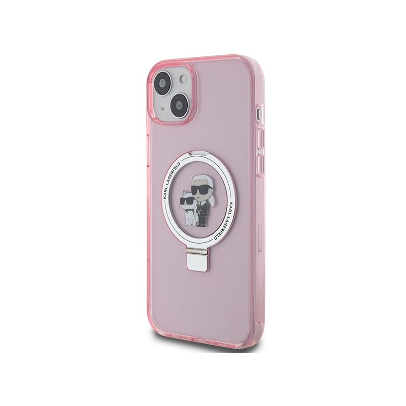 Husa iPhone 15 Plus Karl Lagerfeld Hardcase Ring Stand MagSafe, Karl&Choupette, roz, KLHMP15MHMRSKCP