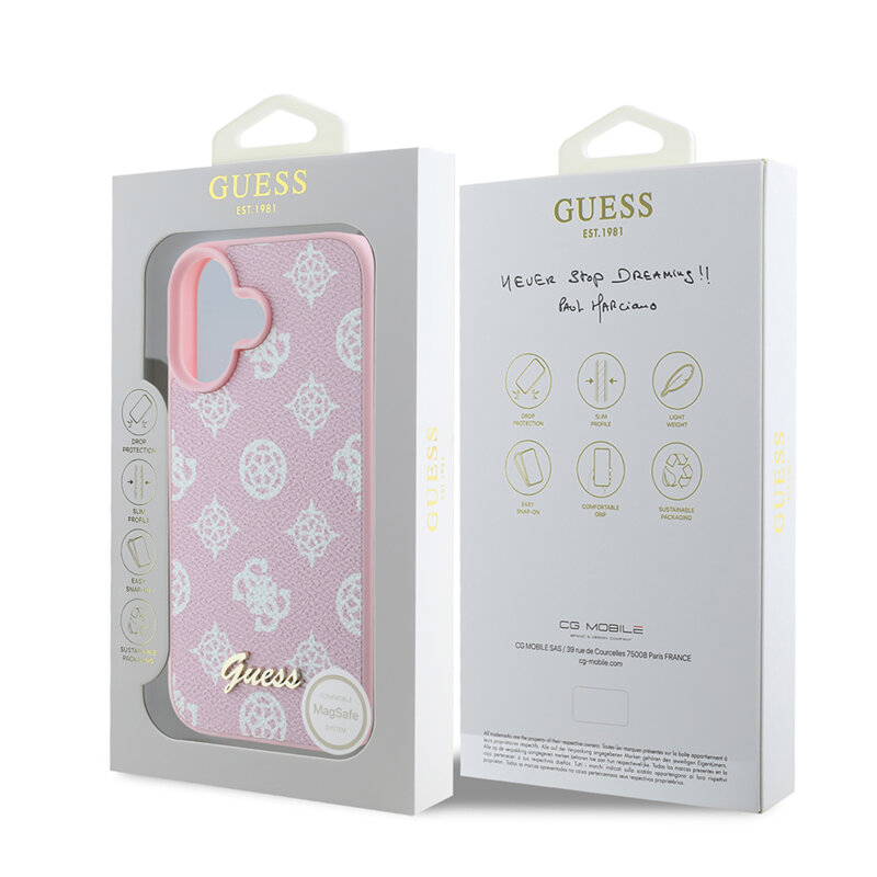 Husa iPhone 16 Plus Guess Peony Script MagSafe, roz, GUHMP16MPGPYSP