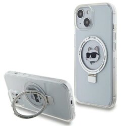 Husa iPhone 15 Plus Karl Lagerfeld Hardcase Ring Stand MagSafe, Choupette Head, alb, KLHMP15MHMRSCHH