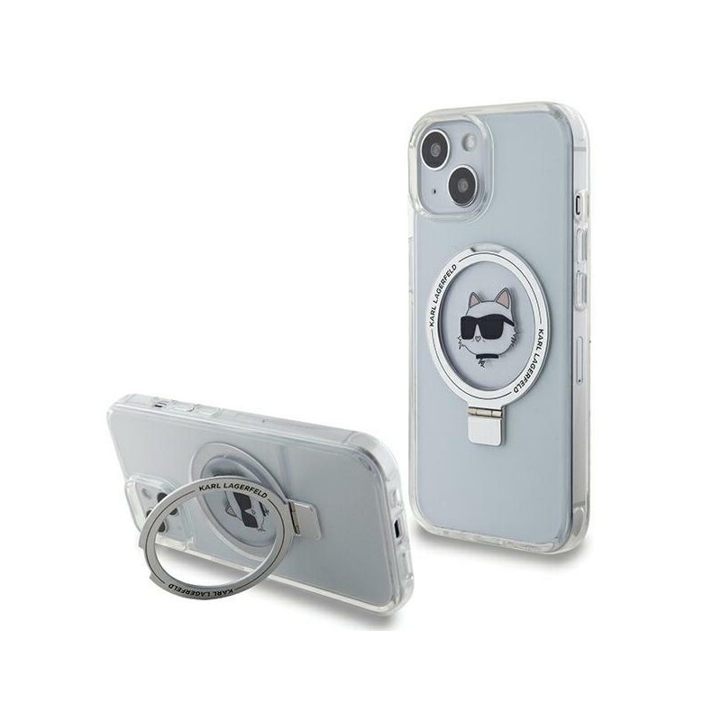 Husa iPhone 15 Plus Karl Lagerfeld Hardcase Ring Stand MagSafe, Choupette Head, alb, KLHMP15MHMRSCHH