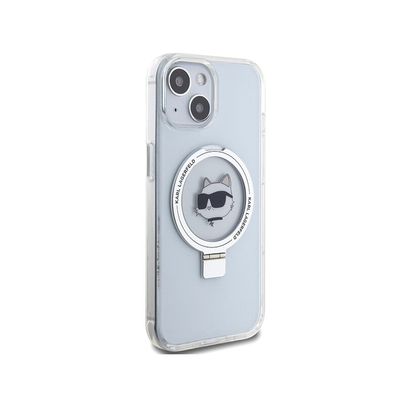 Husa iPhone 15 Plus Karl Lagerfeld Hardcase Ring Stand MagSafe, Choupette Head, alb, KLHMP15MHMRSCHH