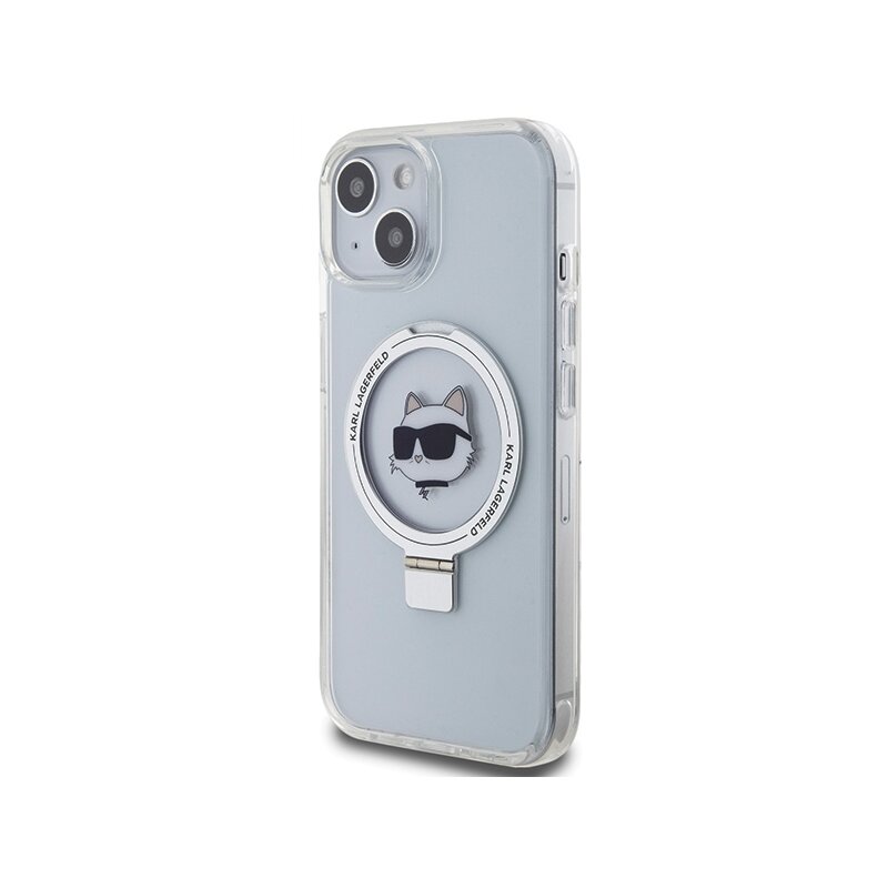 Husa iPhone 15 Plus Karl Lagerfeld Hardcase Ring Stand MagSafe, Choupette Head, alb, KLHMP15MHMRSCHH
