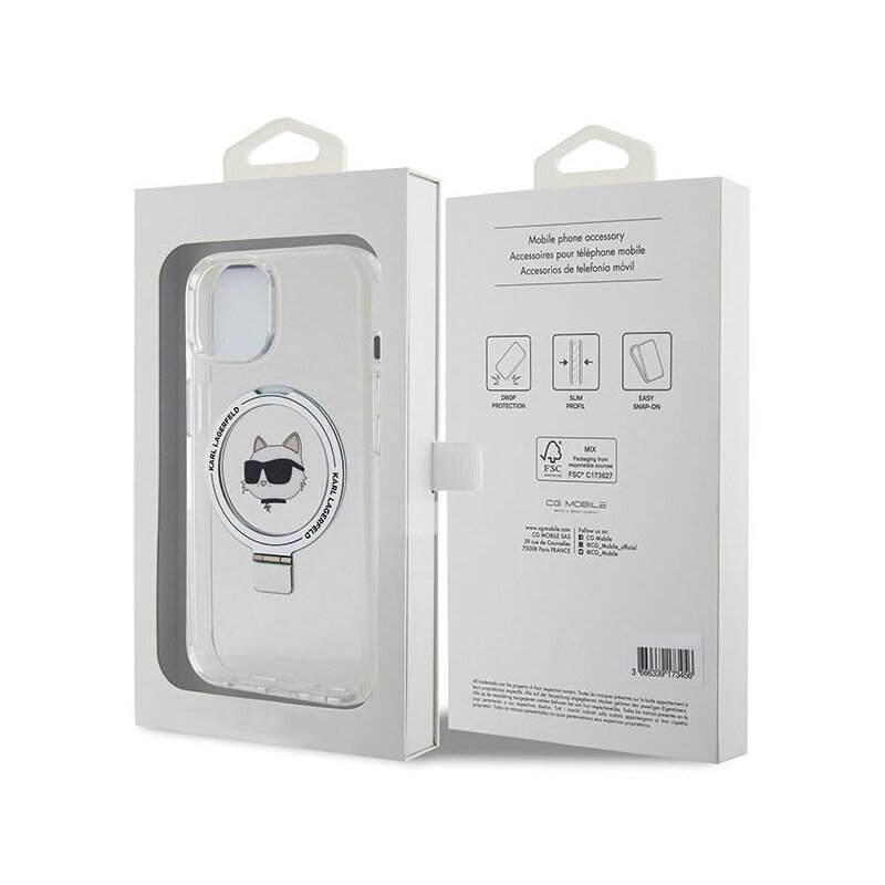 Husa iPhone 15 Plus Karl Lagerfeld Hardcase Ring Stand MagSafe, Choupette Head, alb, KLHMP15MHMRSCHH