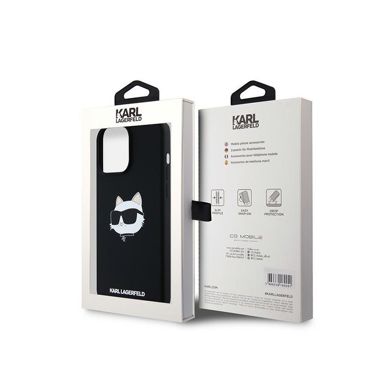 Husa Karl Lagerfeld iPhone 15 Pro Silicone MagSafe, Choupette Head, negru, KLHMP15LSCHPPLK