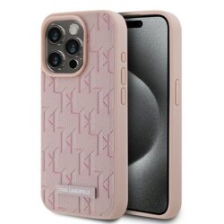 Husa iPhone 15 Pro Karl Lagerfeld Leather MagSafe, Monogram Metal Logo, roz, KLHMP15LPKHPORPP