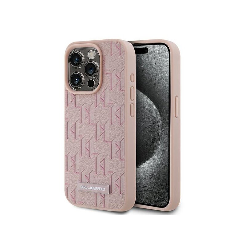 Husa iPhone 15 Pro Karl Lagerfeld Leather MagSafe, Monogram Metal Logo, roz, KLHMP15LPKHPORPP
