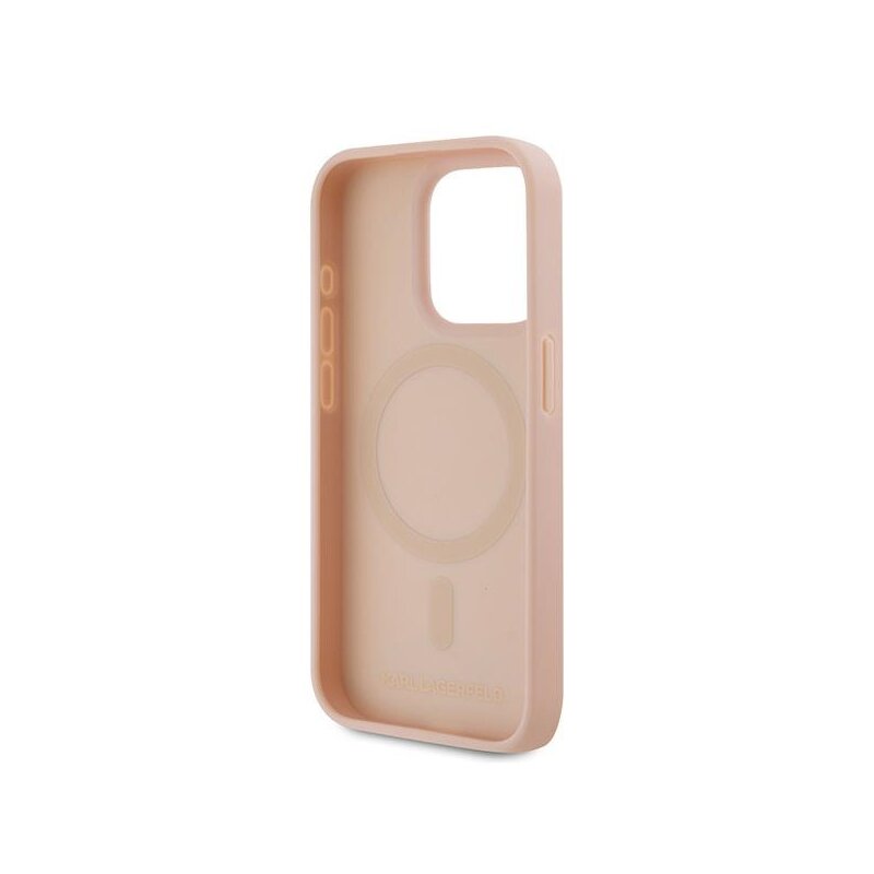 Husa iPhone 15 Pro Karl Lagerfeld Leather MagSafe, Monogram Metal Logo, roz, KLHMP15LPKHPORPP