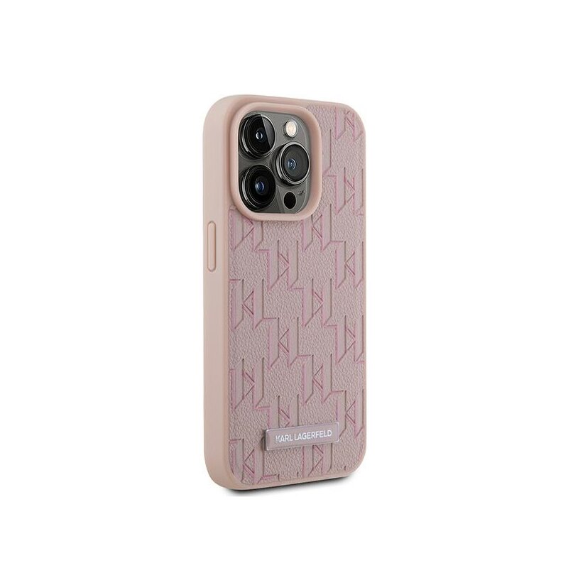 Husa iPhone 15 Pro Karl Lagerfeld Leather MagSafe, Monogram Metal Logo, roz, KLHMP15LPKHPORPP