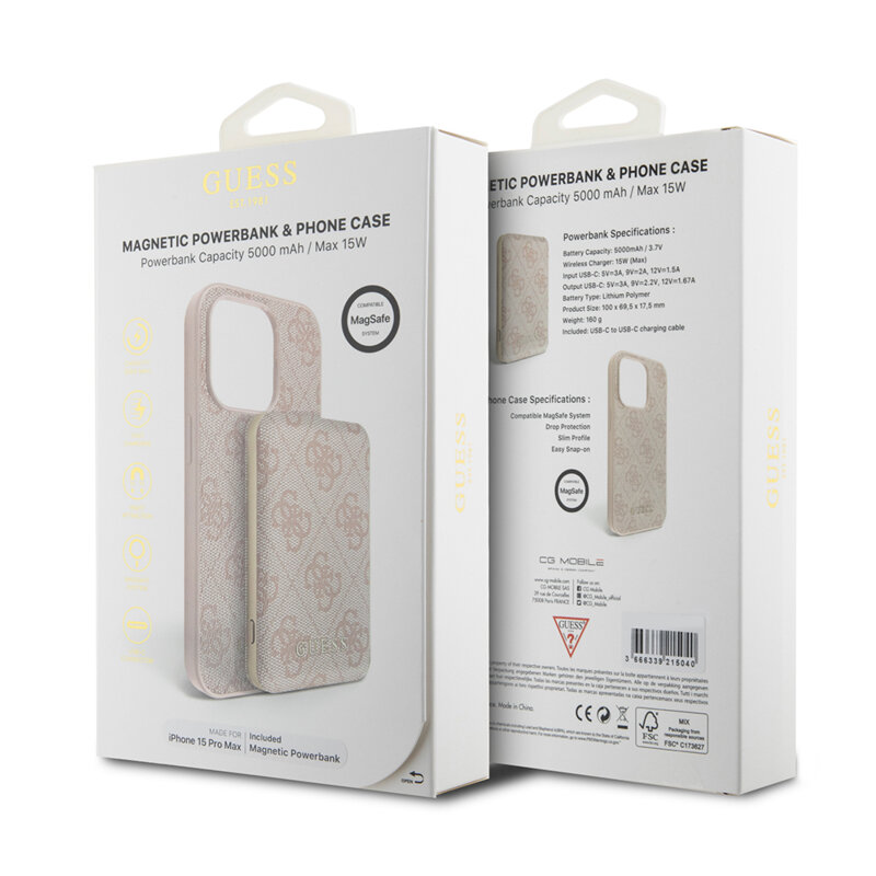 Husa iPhone 15 Pro Max Guess Hardcase Powerbank MagSafe, roz, GUBPM5P15X4GEMGP