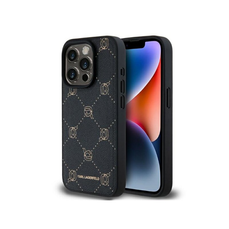 Husa iPhone 15 Pro Karl Lagerfeld Leather MagSafe, Karl Head, negru, KLHMP15LPGKHPHK