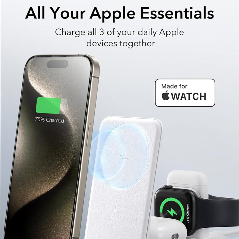 Statie de incarcare 3in1 wireless ESR, Qi2 15W, set, alb