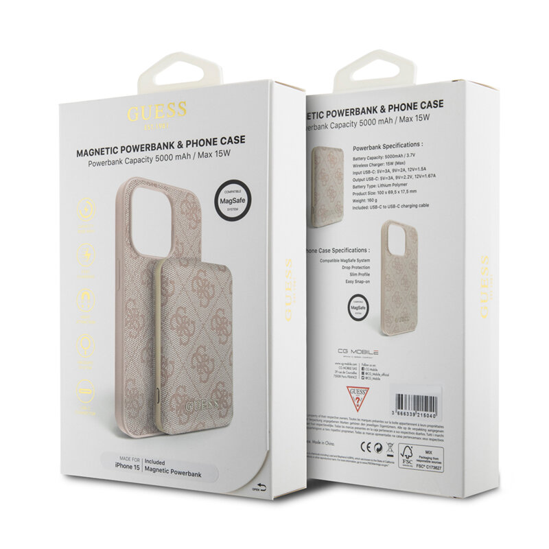 Husa iPhone 15 Guess Hardcase Powerbank MagSafe, roz, GUBPM5P15S4GEMGP