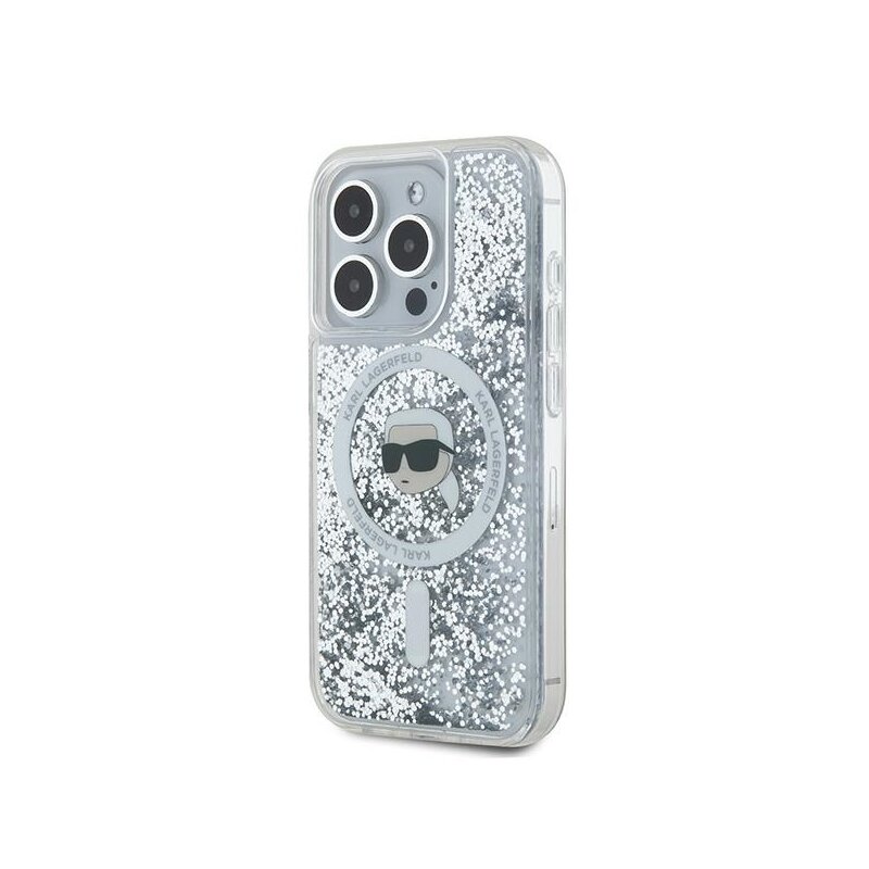 Husa Karl Lagerfeld iPhone 15 Pro Liquid Glitter MagSafe, Karl Head, transparent, KLHMP15LLGKISGH