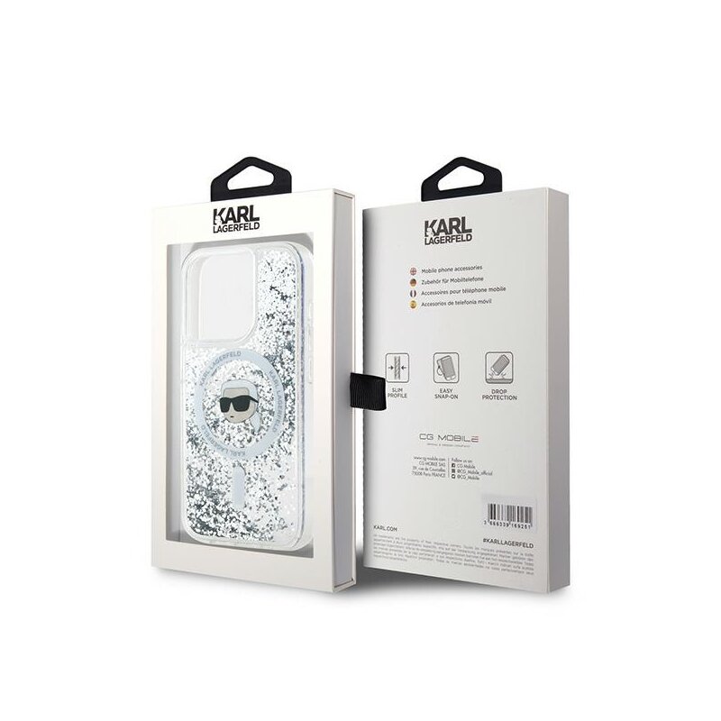 Husa Karl Lagerfeld iPhone 15 Pro Liquid Glitter MagSafe, Karl Head, transparent, KLHMP15LLGKISGH