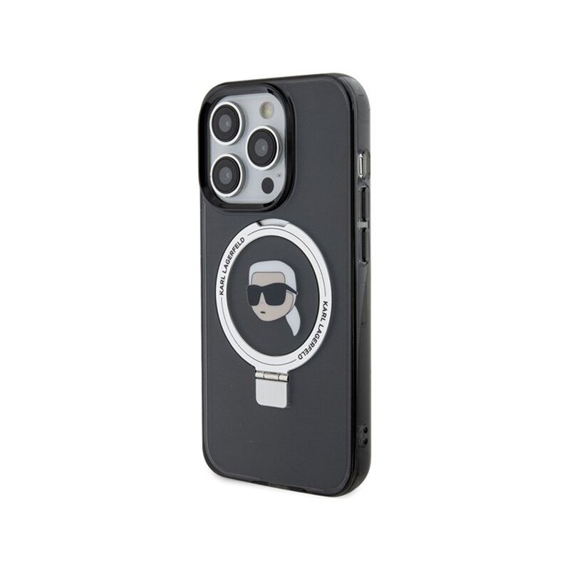 Husa iPhone 15 Pro Karl Lagerfeld Hardcase Ring Stand MagSafe, Karl Head, negru, KLHMP15LHMRSKHK