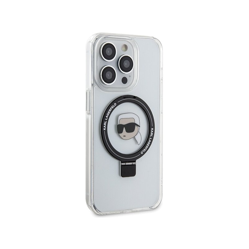 Husa iPhone 15 Pro Karl Lagerfeld Hardcase Ring Stand MagSafe, Karl Head, alb, KLHMP15LHMRSKHH