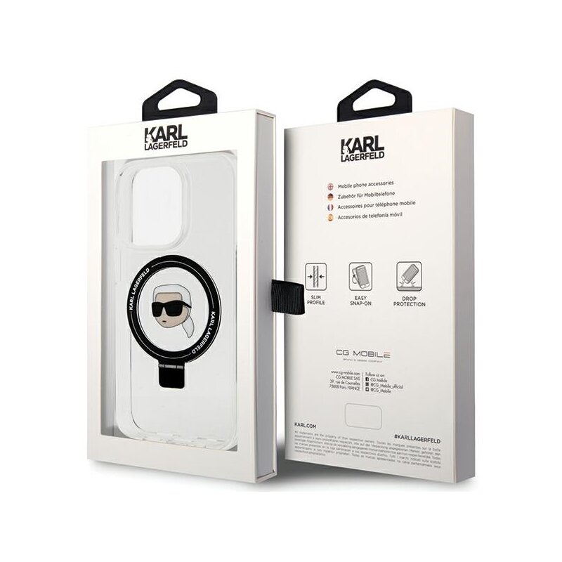 Husa iPhone 15 Pro Karl Lagerfeld Hardcase Ring Stand MagSafe, Karl Head, alb, KLHMP15LHMRSKHH