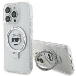 Husa iPhone 15 Pro Karl Lagerfeld Hardcase Ring Stand MagSafe, Choupette Head, alb, KLHMP15LHMRSCHH