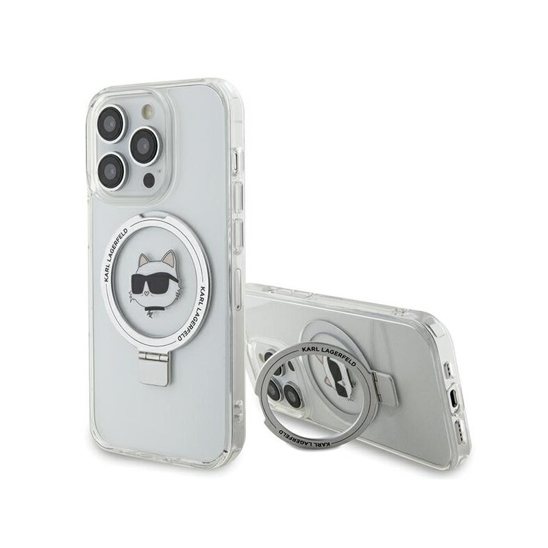 Husa iPhone 15 Pro Karl Lagerfeld Hardcase Ring Stand MagSafe, Choupette Head, alb, KLHMP15LHMRSCHH