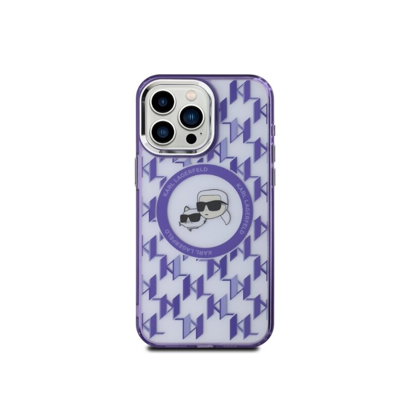 Husa iPhone 15 Pro Karl Lagerfeld IML MagSafe, Monogram Karl&Choupette Head, mov, KLHMP15LHMCKMHU
