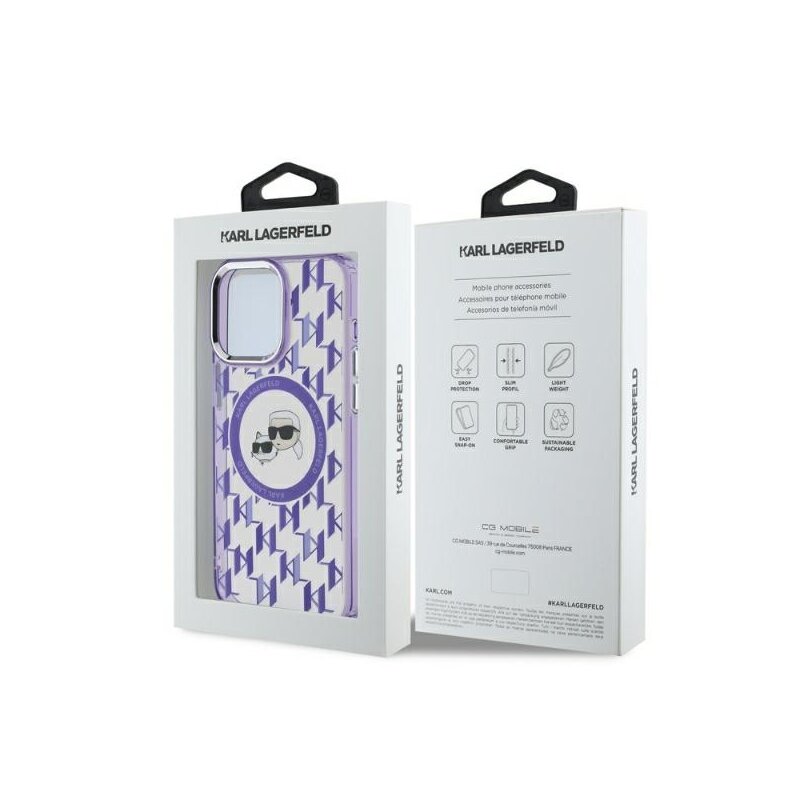 Husa iPhone 15 Pro Karl Lagerfeld IML MagSafe, Monogram Karl&Choupette Head, mov, KLHMP15LHMCKMHU