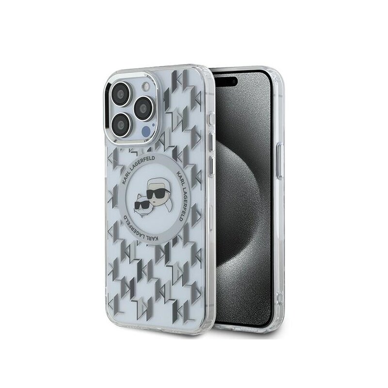 Husa iPhone 15 Pro Karl Lagerfeld IML MagSafe, Monogram Karl&Choupette Head, clear, KLHMP15LHMCKMHT