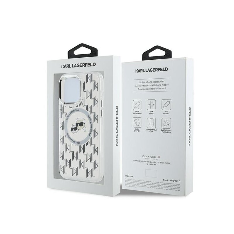 Husa iPhone 15 Pro Karl Lagerfeld IML MagSafe, Monogram Karl&Choupette Head, clear, KLHMP15LHMCKMHT