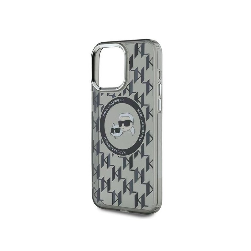 Husa iPhone 15 Pro Karl Lagerfeld IML MagSafe, Monogram Karl&Choupette Head, negru, KLHMP15LHMCKMHK