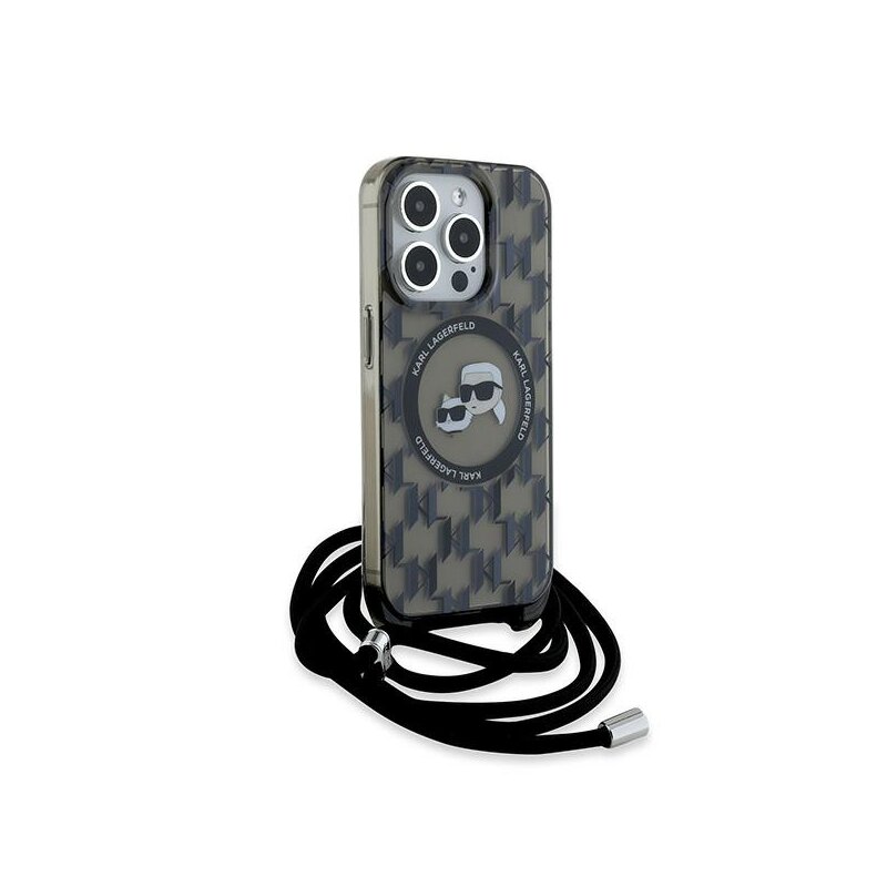 Husa iPhone 15 Pro Karl Lagerfeld IML Crossbody MagSafe, Mono Karl&Choupette Head, negru, KLHMP15LHCKCKLCK