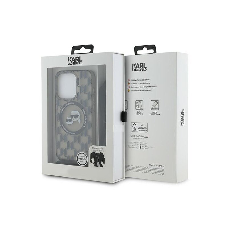 Husa iPhone 15 Pro Karl Lagerfeld IML Crossbody MagSafe, Mono Karl&Choupette Head, negru, KLHMP15LHCKCKLCK